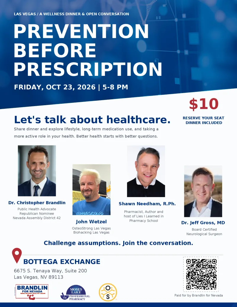 Flyer: Prevention Before Prescription. Friday, October 23, 2026, 5–8 p.m., Bottega Exchange.